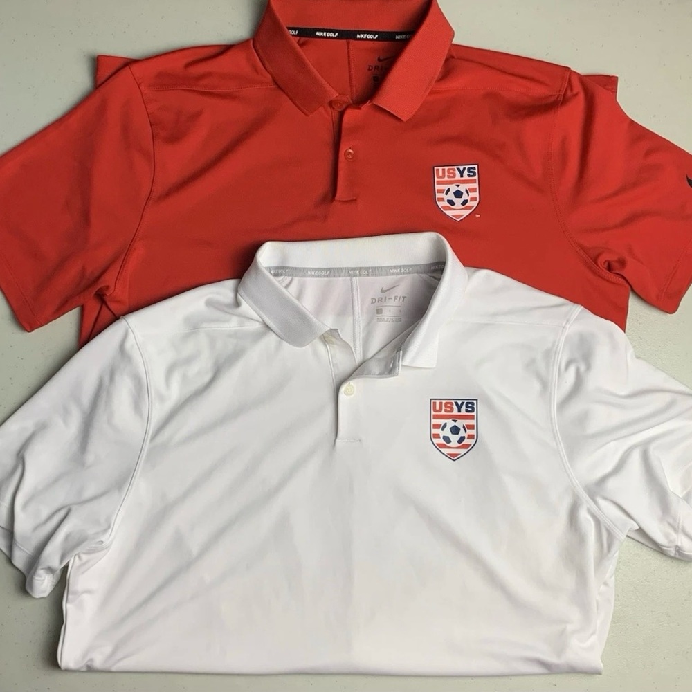 2 Nike Dri-FIT Polo Shirts Red and White with soccer emblems.